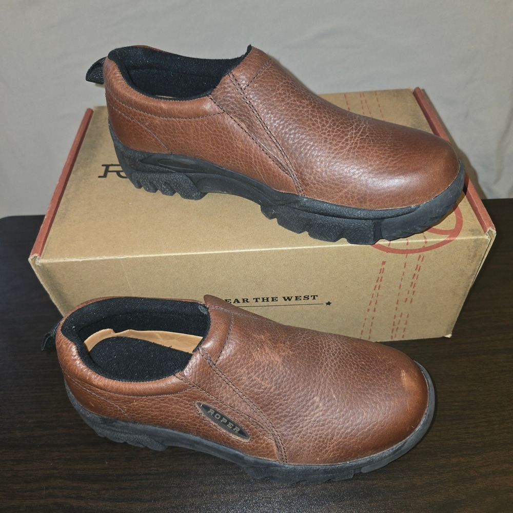 Roper Performance Slip-On 9W Mens Brown Leather Western Lug Sole Shoes